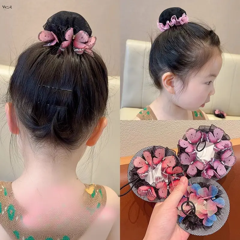Sheer Organza Butterfly Hair Net Bun Covers for Little Girls, 15 Gradient Color Tulle Butterfly Hair Snoods with Elastic Band, Cute Ballet Dance School Uniform Updo Hair Accessories for Kids