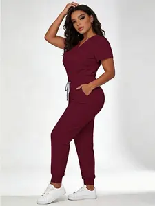 Women Two Piece Set Short Sleeve Long Drawstring Waist Casual Medical Scrub Uniform With Pockets Nurse Workwear