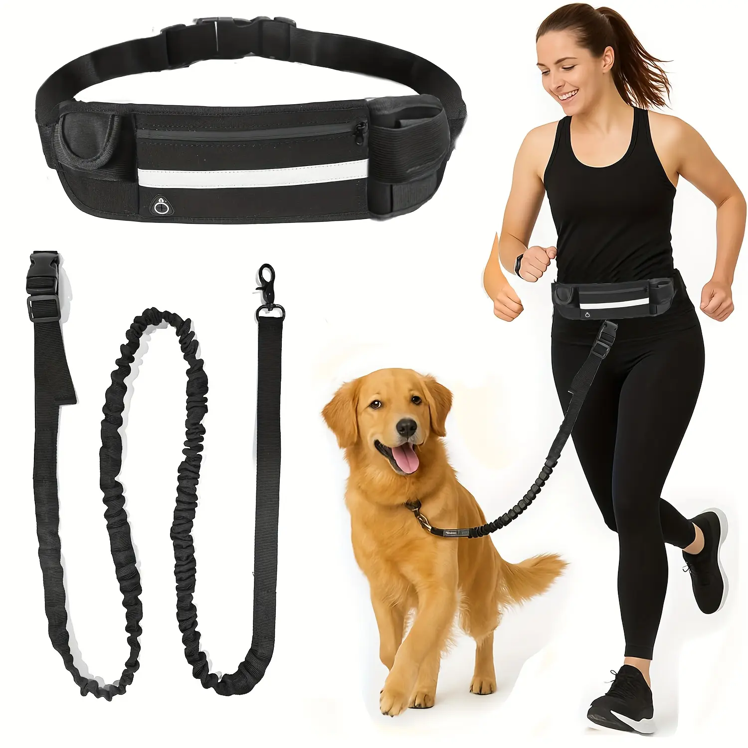 Hands-Free Dog Leash with Polyester Zippered Waist Bag, Double-Layer Thick Handle, Durable Elastic Rope, Lightweight Design, Quick-Release Breathable Harness & Safe Fit for Walking, Jogging, Waist Pack metal buckle commute daily, Zipper Bags