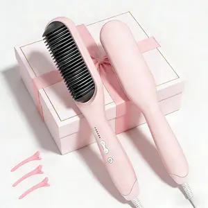 Anti-Scald Hair Straightening Brush - 60s Fast Heating, 5 Temperature Settings, Worldwide Dual Voltage, Auto Shut Off - Professional Pink Straightener Brush for Women, Ideal Gift