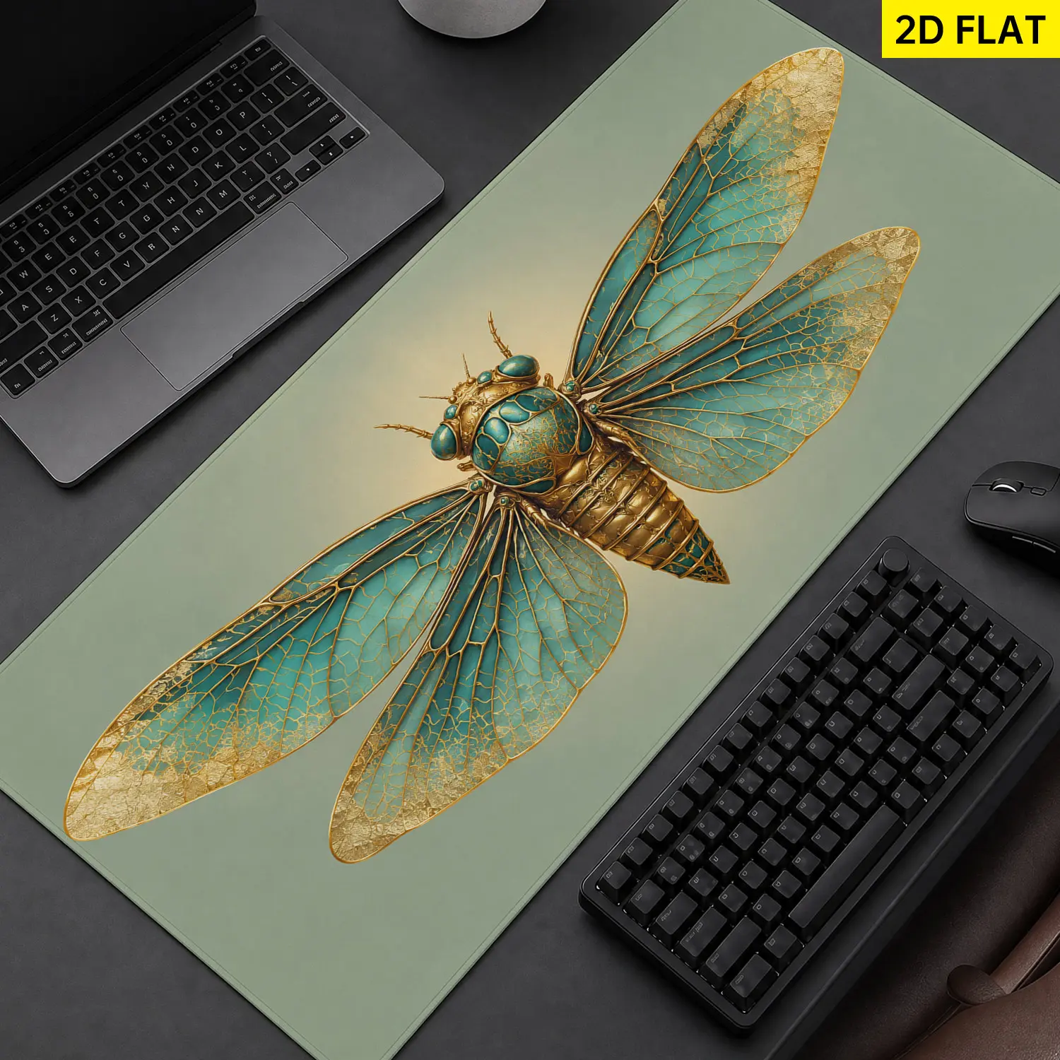 Extra Large golden turquoise cicada insect art Mouse Pad,Non Slip Rubber Pad,Desktop Decoration Drotection Pad,Washable,Lock Edge Multi Size,Premium Multipurpose Mousepad For Office,Study,Gift for Family and Friends