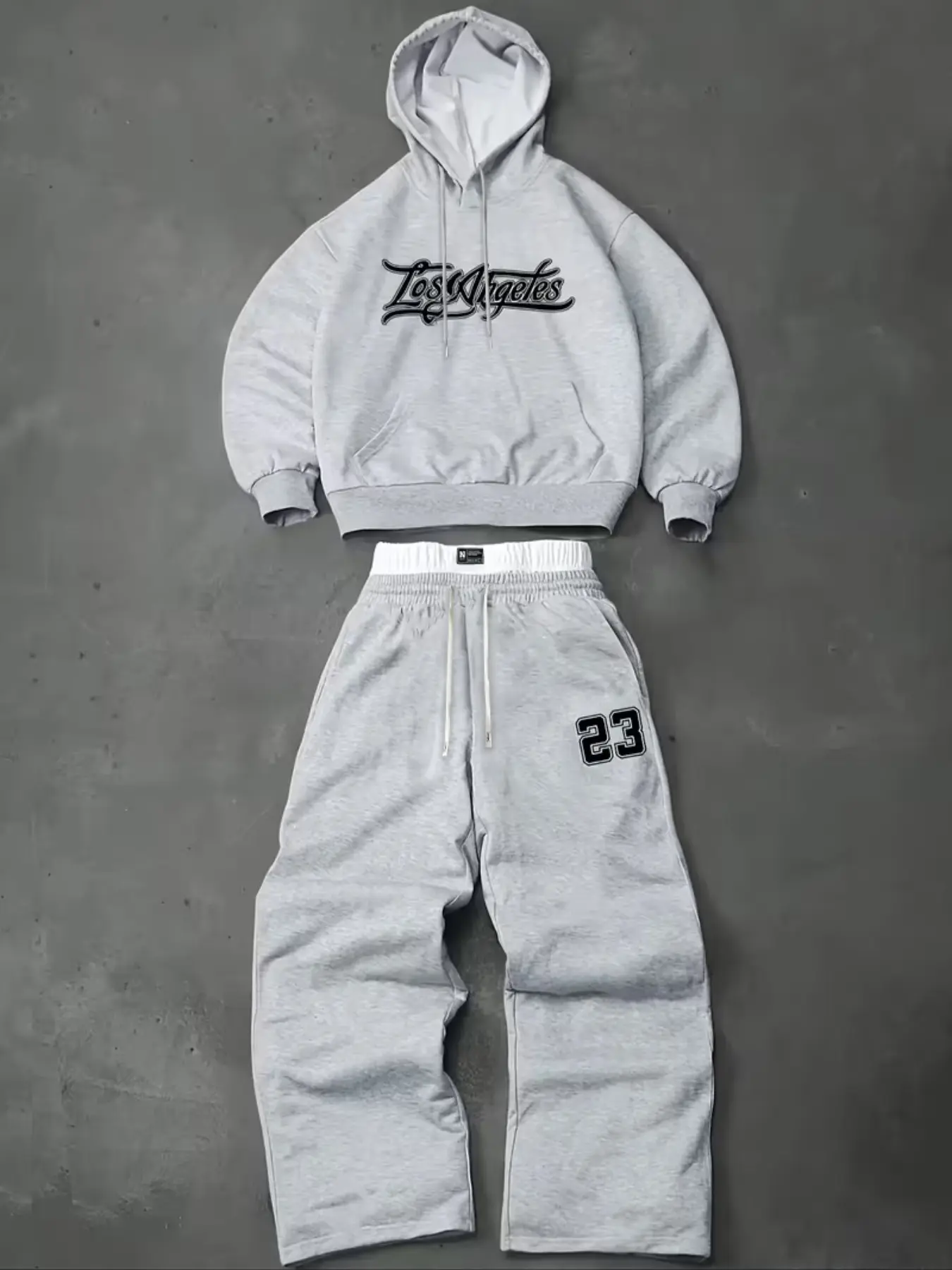 American Vintage Los Angeles Letter Print Long Sleeve Hoodie Set, Unisex Fitted Sweatshirt and Wide Leg Pants, Fall & Winter Casual