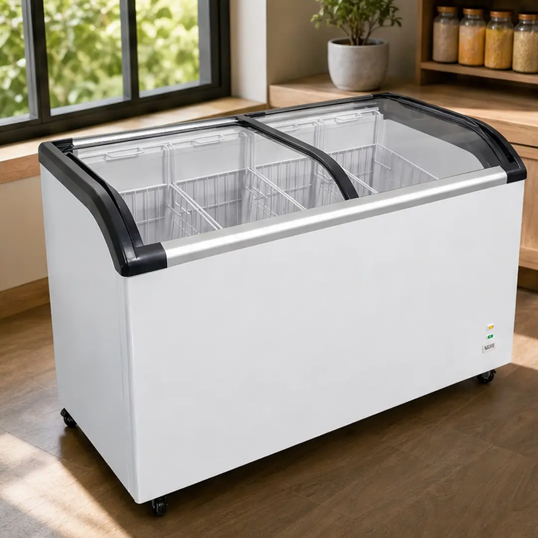 ARCH 9.8 Cu.ft Commercial Chest Freezer Cabinet - Curved Sliding Glass Lid, Bright Interior LED Lighting, White Steel Mobile Deep Freeze (132.28 lb, 26.77Wx50.00Dx33.46H in), -9.4°F to 5°F Adjustable Temp, 2.75in Insulation for Ice Cream Shop