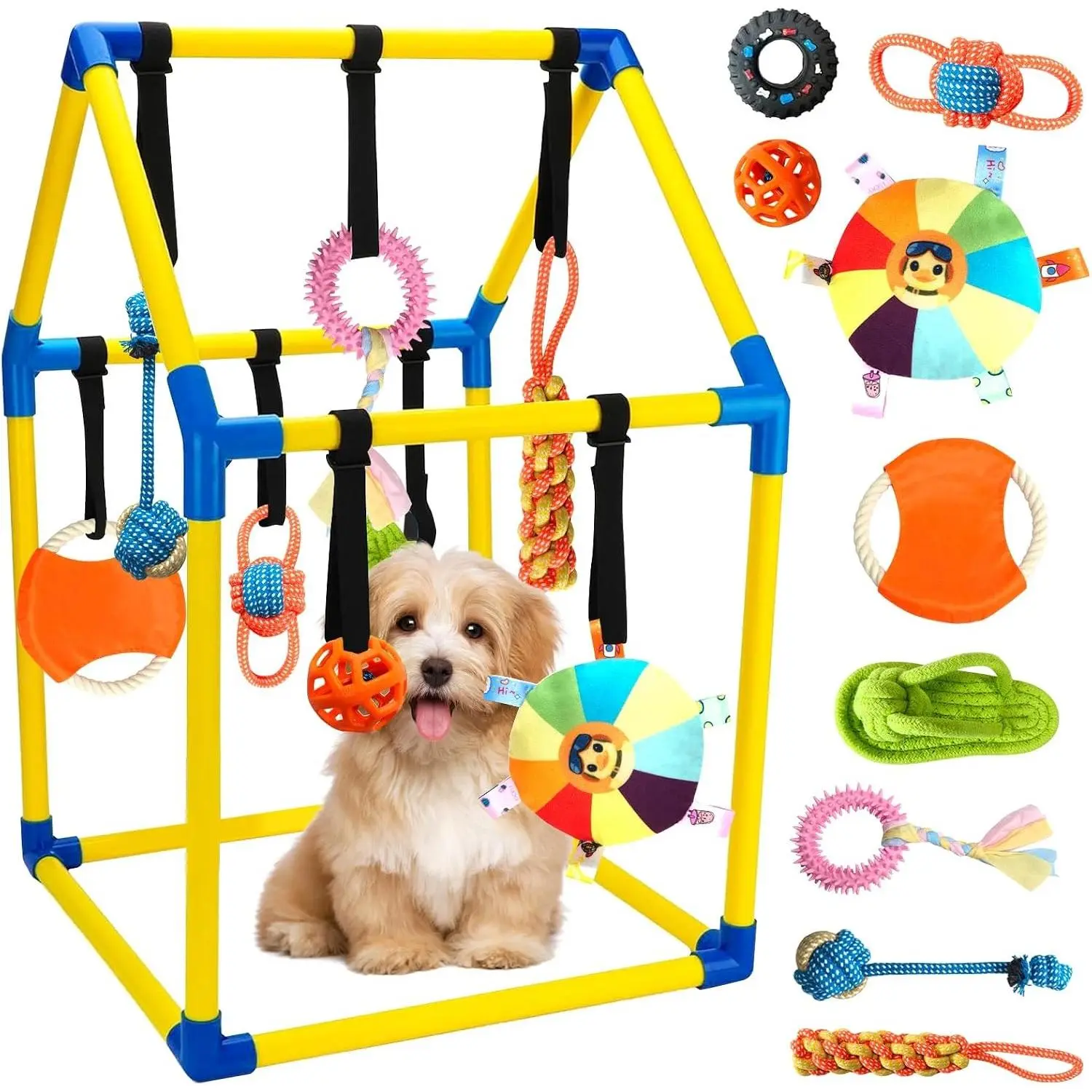 Puppy Play Gym with 9 Hanging Removable Teething & Squeaky Toys, Adjustable PVC Frame Training Center, Interactive Dog Enrichment Indoor Playground for Puppies & Small Dogs, Adjustable Frame