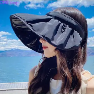 Women's Foldable Black Glue Shell Visor Hat - Wide Brim, Anti-UV, Breathable Lightweight, Portable, Protective Headgear, Empty Top, Anti-Glare Full Face Cover, Stylish Sunshade Headwear for Summer Beach, Outdoor Cycling, Anti-Uv Hats, Breathable Lightweig