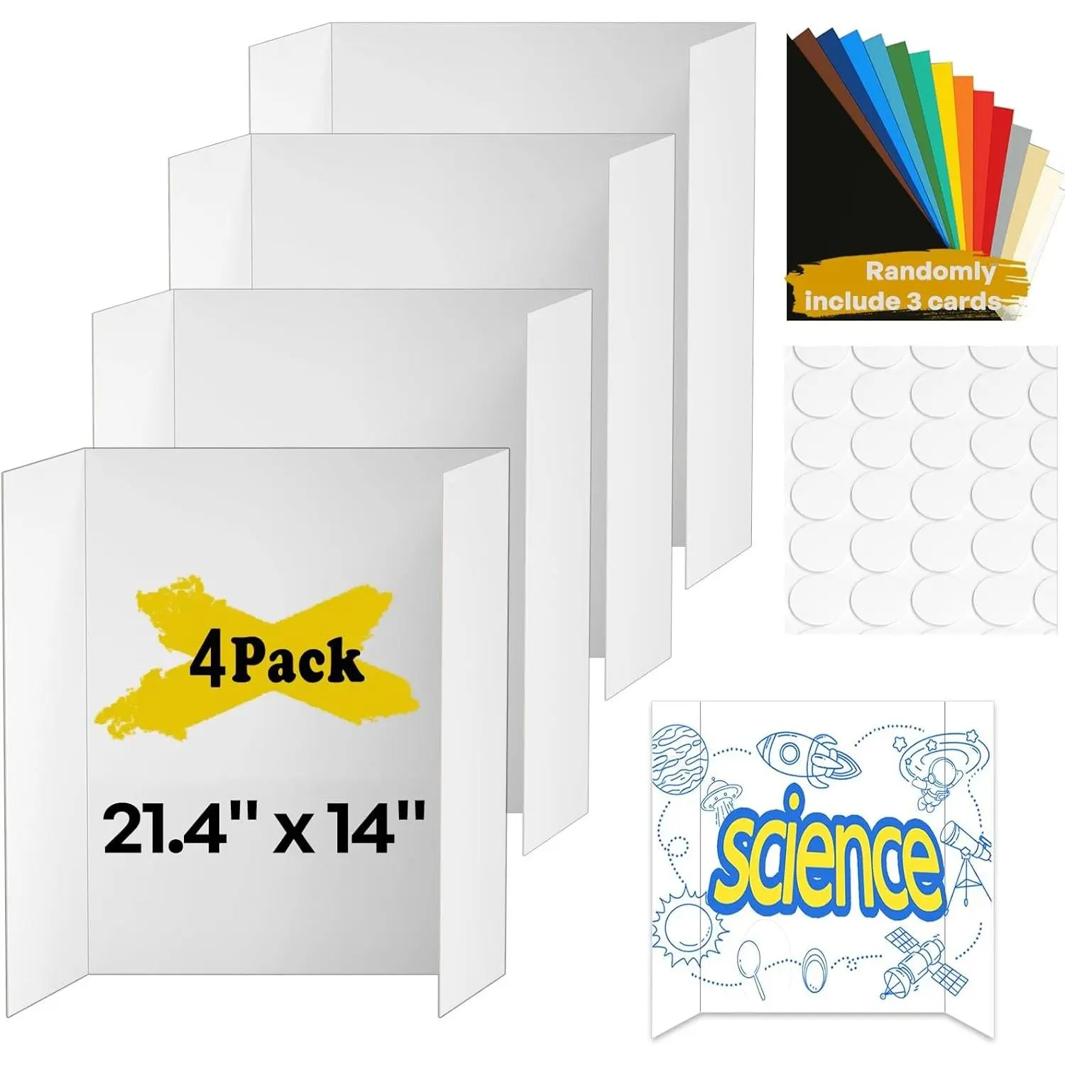 4 Pcs Small Trifold Poster Board, 21.4" x 14" Presentation Board, with Double Sided Tapes and Cardboard, White Corrugated Project Boards/Display Board for School Project/Science Fair Display Boards