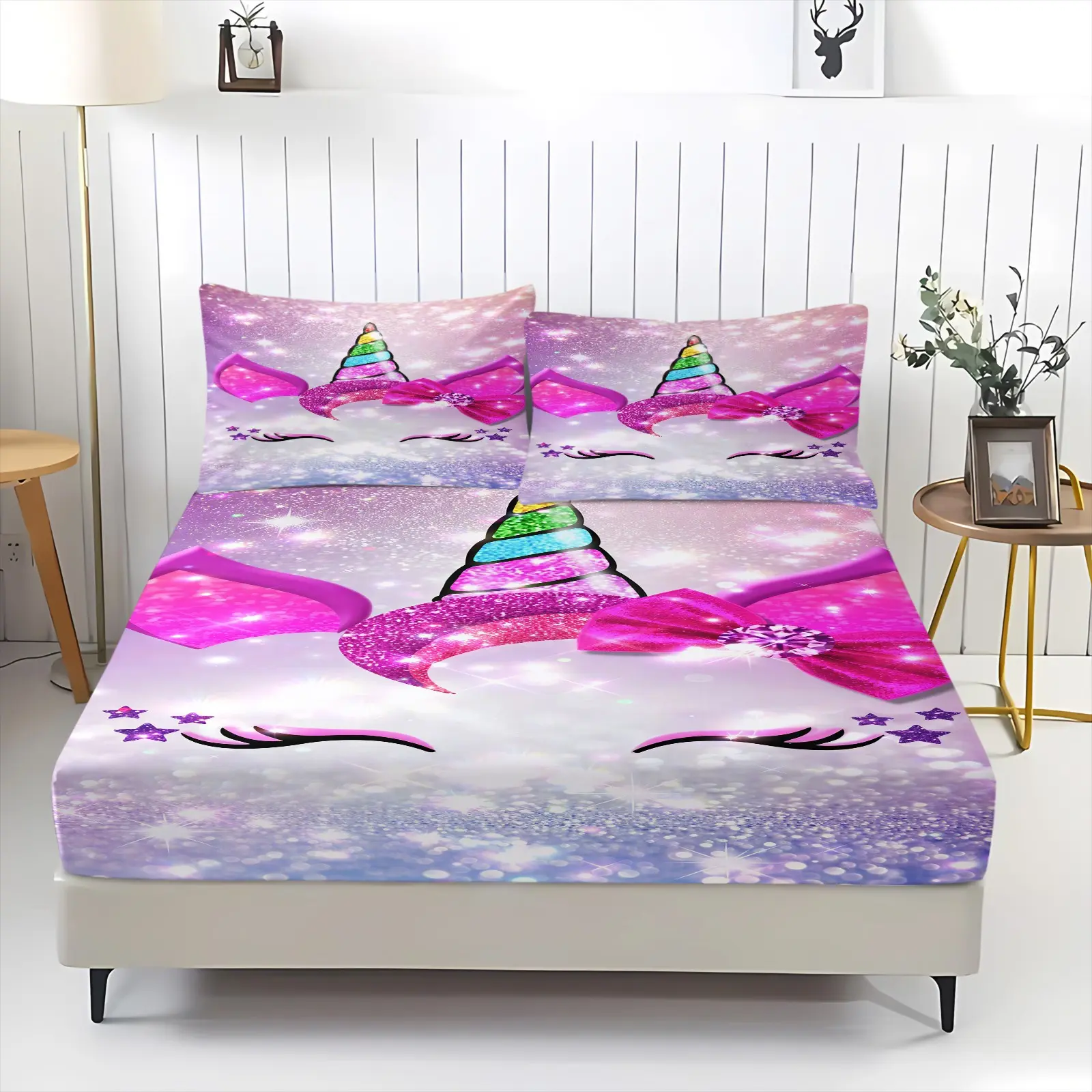 3pcs Fantasy Unicorn Style Rainbow Pegasus Collection Printed Fitted Sheet Set, Machine Washable Skin-Friendly Fabric, Breathable Soft Bedding, Mattress Protection Design, Suitable for All Ages, Four-Season Universal Bedroom Soft Furnishing