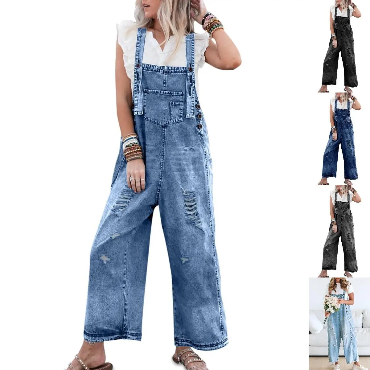 Danedvi Women's Plus Size Denim Overalls Casual Jumpsuits Loose Fit Adjustable Strap Distressed Bib Jeans Overall Jumpsuits, Clothes, Y2k summerwins,summerwins