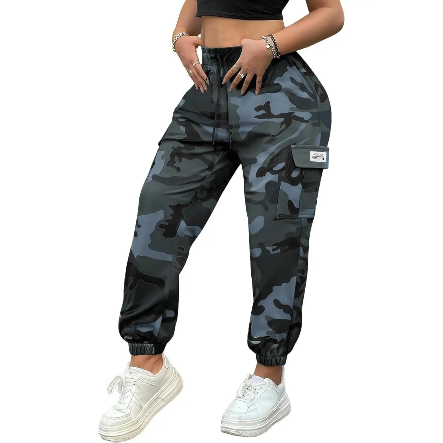 Women's Dark Camouflage Utility Joggers - Lightweight, Moisture-Wicking, Breathable Slim-Fit Female Clothing Full-Length Trousers with Adjustable Waist, Utility Pockets for Outdoor Wear & Everyday Use