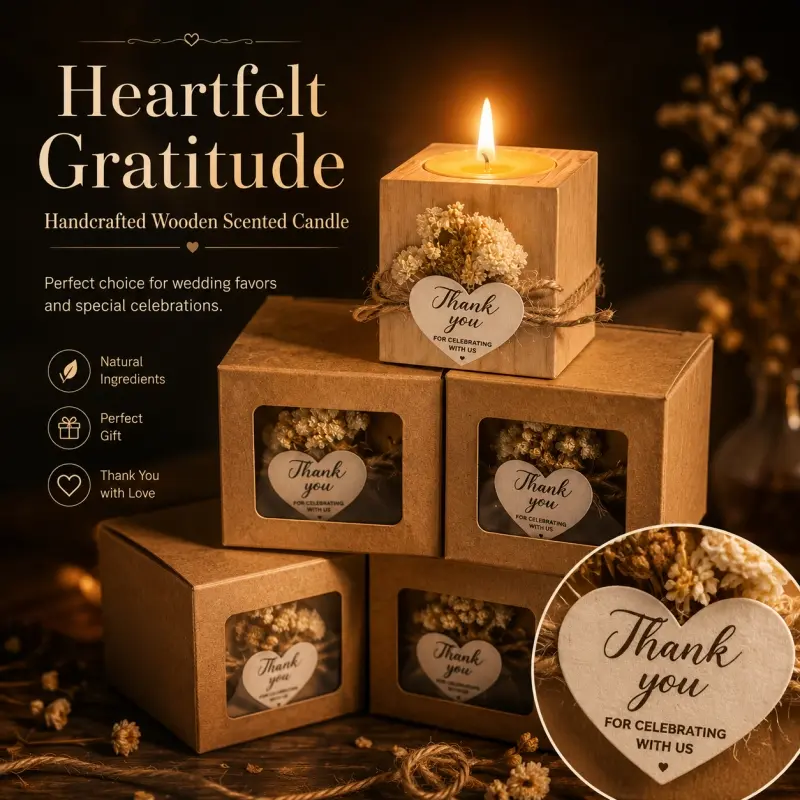 6Pcs Handmade Wooden Scented Candles, Fragrance Candle, Decorative Candle. Decorated with dried flowers and thank-you tags, packed in exquisite gift boxes. Great as wedding favors, suitable for weddings, parties and home decoration.