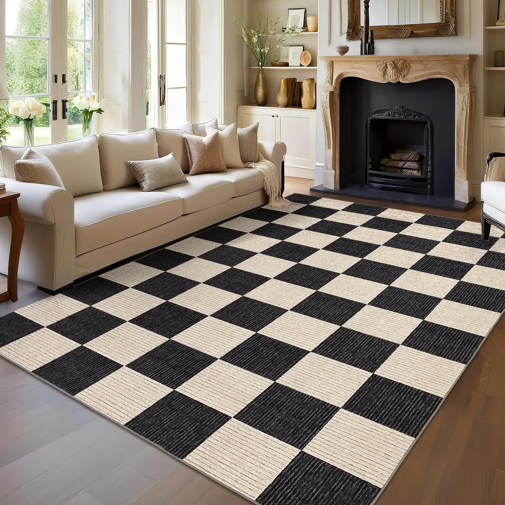 Garvee Large Area Rug 10x13 Washable Checkered Pattern Soft Non-Slip Low Pile Indoor Carpet Modern Plaid Farmhouse Style Accent Rug for Living Room, Bedroom, Dining Room, Home Office, Camel Color