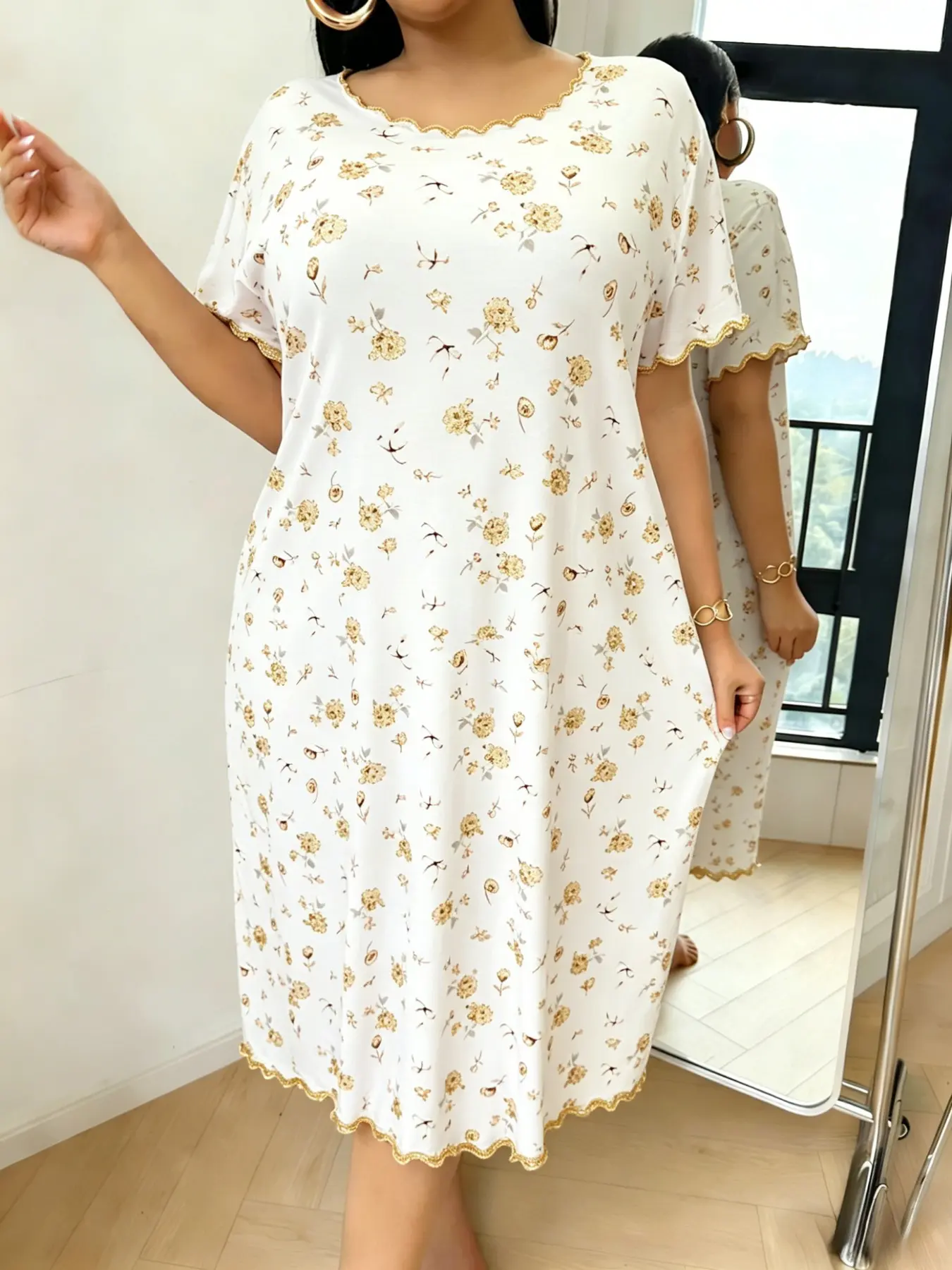Plus Size Floral Print Nightdress, Casual Comfortable Round Neck Short Sleeve Sleepwear, All Seasons Women's Pajamas & Homewear,Plus Size Nightgowns for Women ,Soft Comfortable Sleepwear for girl,Valentine’s Day Gift