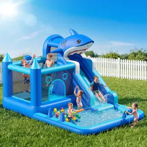 Summervibes Flash sale toy items Shark Themed Inflatable Bounce House with Water Slide, Climbing Wall, Splash Pool, Basketball Hoop & Water Blaster, Indoor Outdoor Kids Play Toy