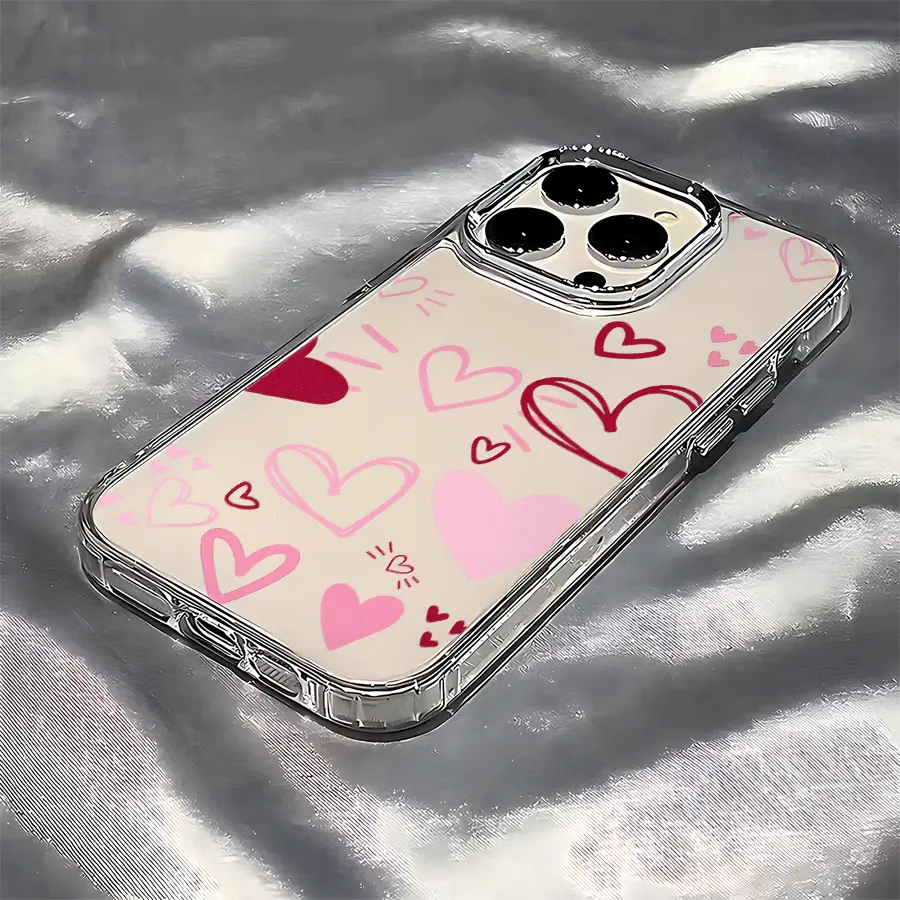 Hand Drawn Pink Red Doodle Hearts Full Print Clear Phone Case Compatible with iPhone 12-17 Pro Max Samsung A14/A15/A54/A55 S22-S25 Ultra Moto G10/G13/G34/G54/G60 Soft TPU Shockproof Transparent Sweet Girly Protective Cover