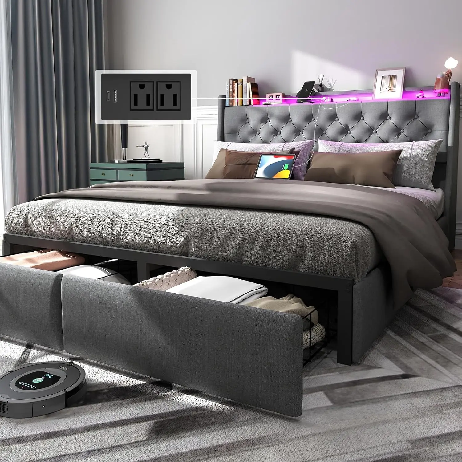 Queen Upholstered Platform Bed Frame, Button Tufted Headboard Bed with 2 Under Bed Storage Drawers, LED Lights and Charging Station, Noise Free Steel Slat Support, No Box Spring Required, Easy Assembly Gray Bedroom Furniture