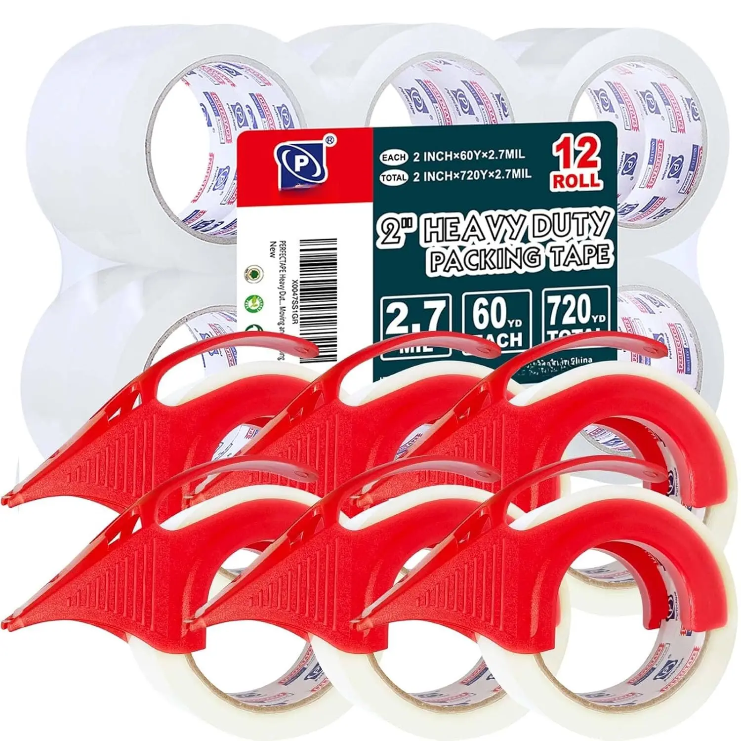 ERFECTAE Heavy Duty acking Tae with Disenser, 12 Rolls, 1.88" x 60Y | 6 Disensers Included, Clear,  Length 720Y, 2.7 mil, Ultra Adhesive, Refill for ackaging, Moving and Shiing