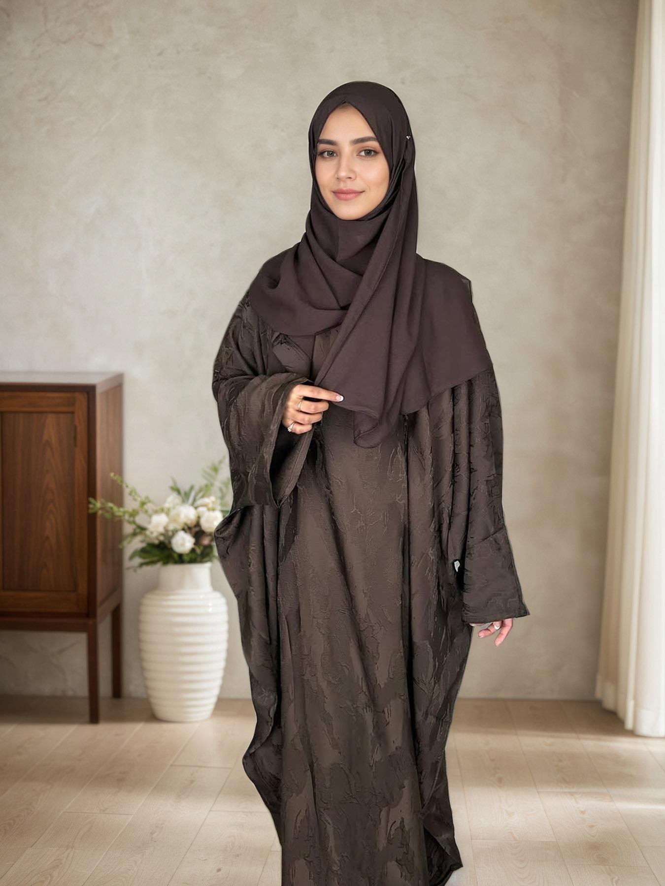 Women's Floral Jacquard Arabian Dress, Modest Chic Round Neck Long Sleeve Abaya Dress for Daily Wear, Ladies Islamic Clothing for All Seasons, Abaya Hijab Set, Abayas for Eid