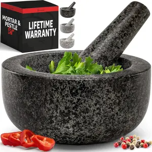 100% Granite Mortar and Pestle Set - 6.3 in Stone Grinder Bowl, 2-Cup Heavy-Duty Home Kitchen Utensils, Non-Slip Base, for Cooking Seasoning, Guacamole, Salsa