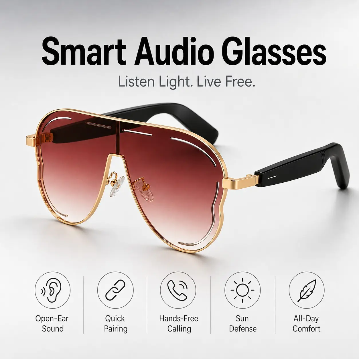 Bluetooth Smart Glasses with Open-Ear Audio, Built in Mic & Speakers, Touch Control, Hands-Free Calls, Music Playback, Voice Assistant, Type-C Charging, UV400 Protection for Driving & Outdoor Sports, Wireless Audio Glasses
