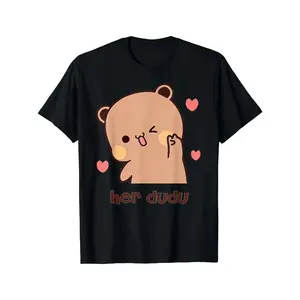 Lujiu Her Dudu Bubu And Dudu Casual Playera T-Shirt - Black, Showcasing Cute Cartoon Bear And Heart Patterns, Short Sleeves, Crew Neck, Ideal for All Seasons, Casual Wear, Fun Graphic Tee, Collectible Shirt