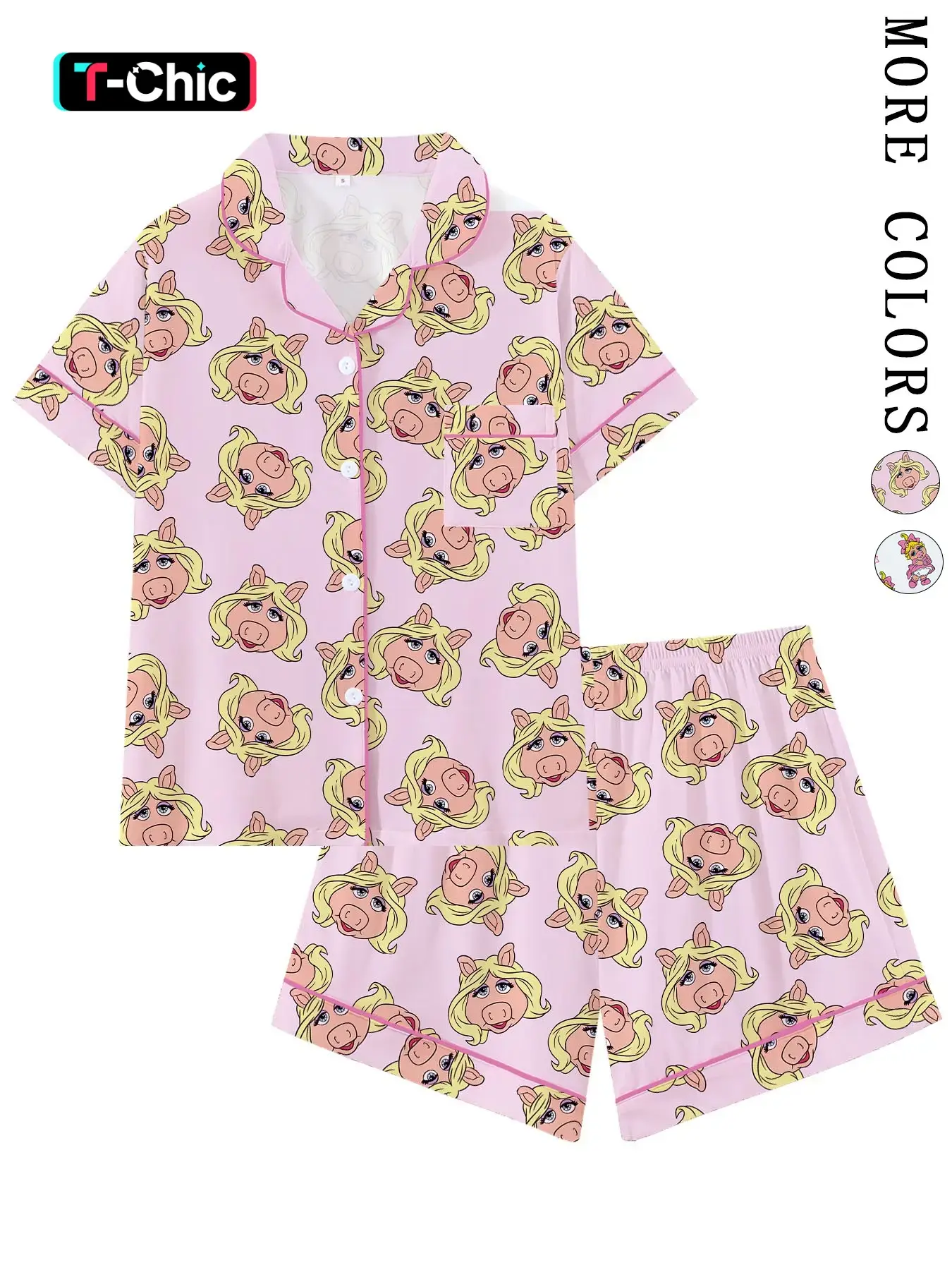 Women's Cute Pink Pig Character Print Pajama Set, Short Sleeve Button Down 2-Piece Loungewear, Lounge Pajamas, Adorable Cartoon Pig Sleepwear with Pink Trim,Perfect for Summer Nights & Sleepovers, Lounge Pjs Set