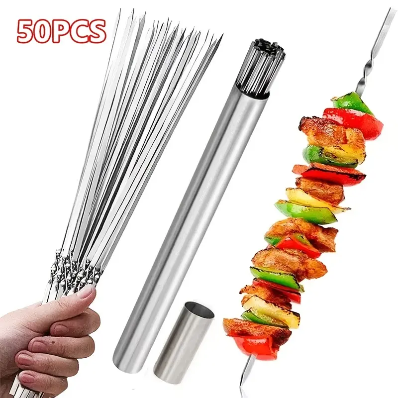 35cm Flat Blade Rust-Proof Solid Metal BBQ Skewers, 50/25 Large Set, Durable Stainless Steel Meat Skewers, 1 Storage Tube Included, Reusable Easy-to-Clean, Ideal for Outdoor-Indoor Barbecue Parties