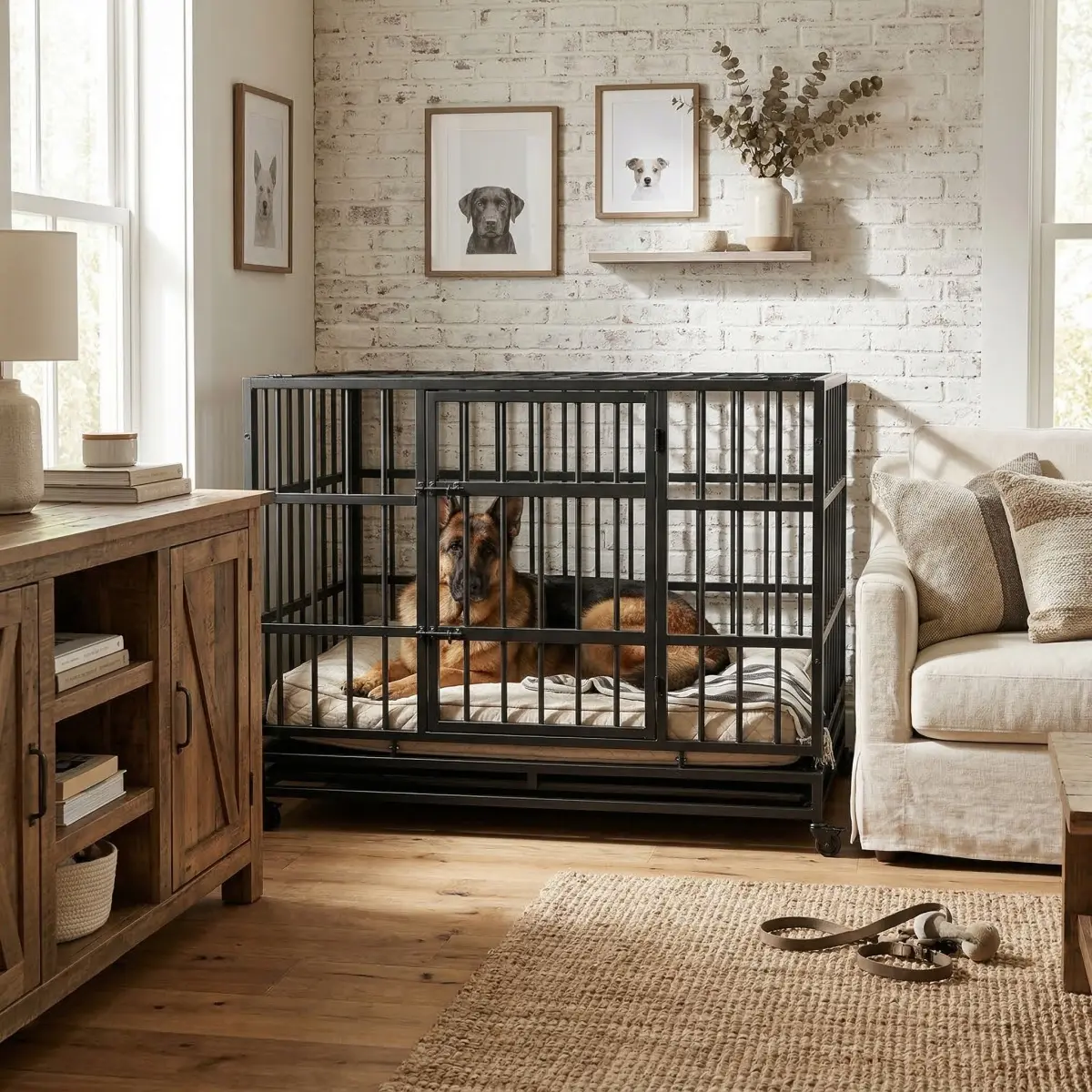 48 Inch Heavy Duty Indestructible Dog Crate with with Pointed Roof & Wheels, Folding Metal Big Dog Cage for Large and Medium Dogs, Cage with Removable Plastic Tray