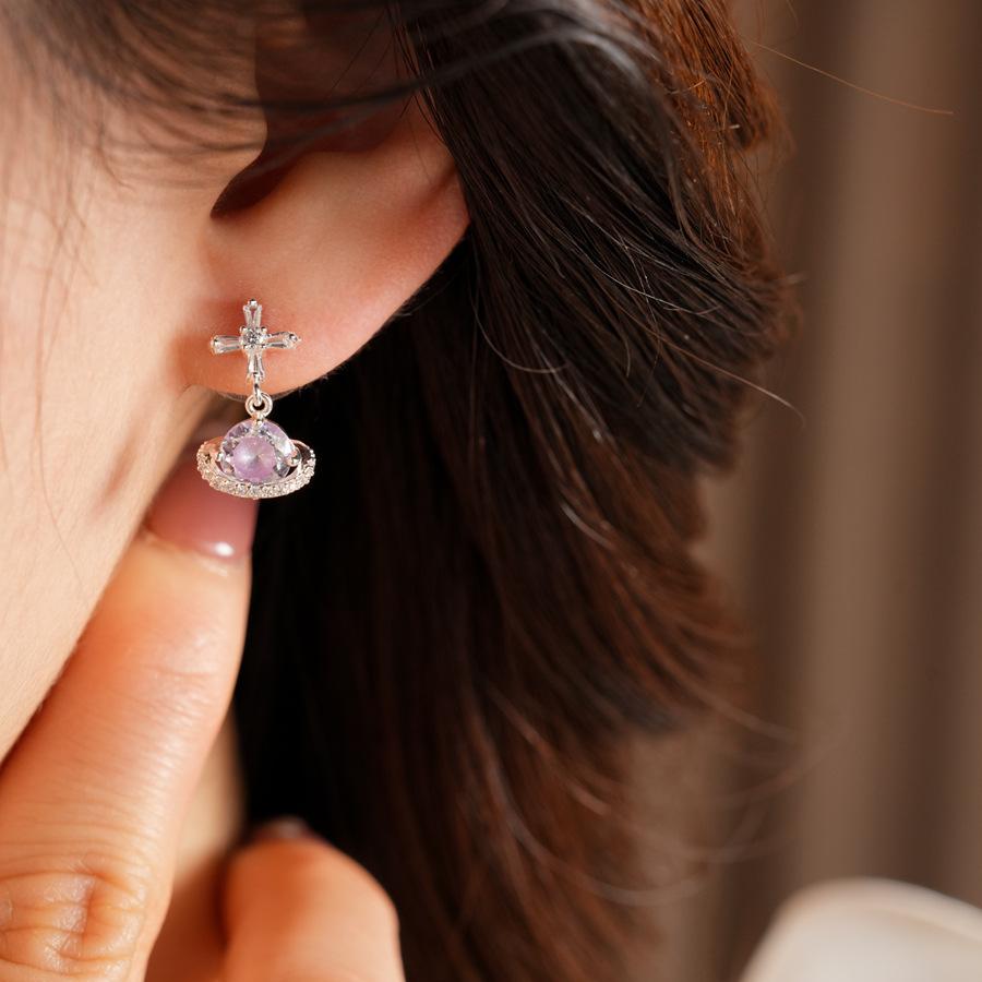 925 Silver Needle Cross Saturn Earrings | Minimalist Cool Style Zircon Planet Earrings Luxury Jewelry