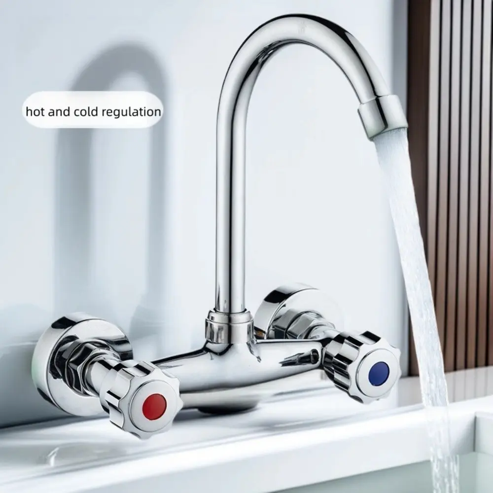 Full Copper Wall-Mounted Kitchen Faucet, Dual Handle Cold Hot Water Control, 360° Rotating Spout, Splash-Proof, Ideal for Home Kitchens