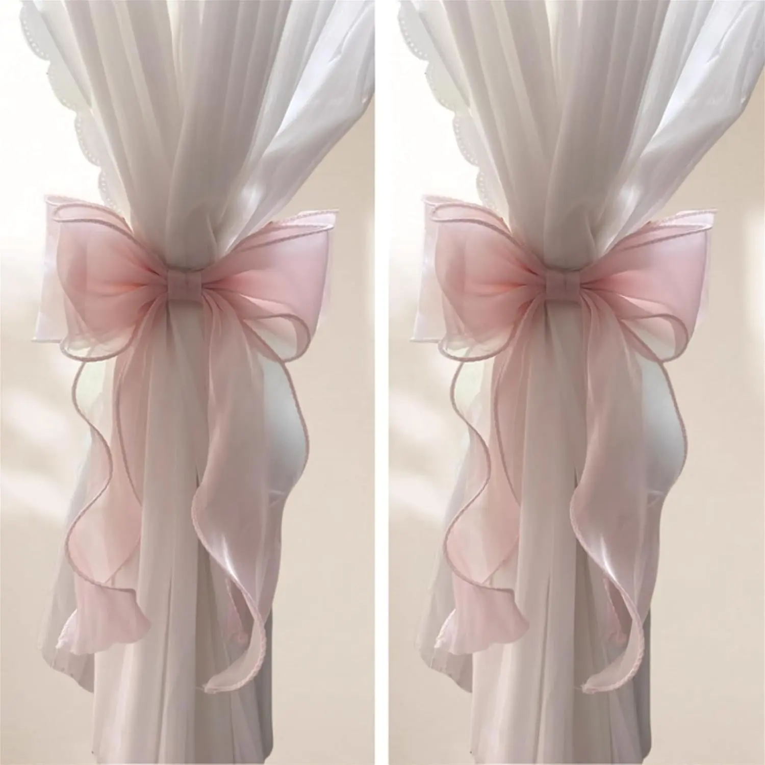 2-Pack French Silky Bow Window Curtain Tiebacks - Elegant Lace Ribbon, Tool-Free Home Decor Accessories for Window Decor Ideas & Romantic Vibe (Pink)