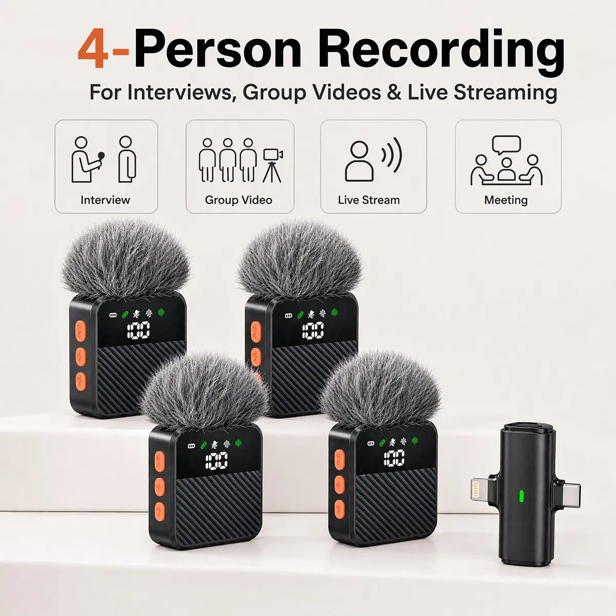 Wireless Lavalier Microphone Set, 4 Mics + USB-C/lightning Receiver, Plug-And-Play, Noise Reduction, Portable Storage Box, Recording Mic, Clip on Mic
