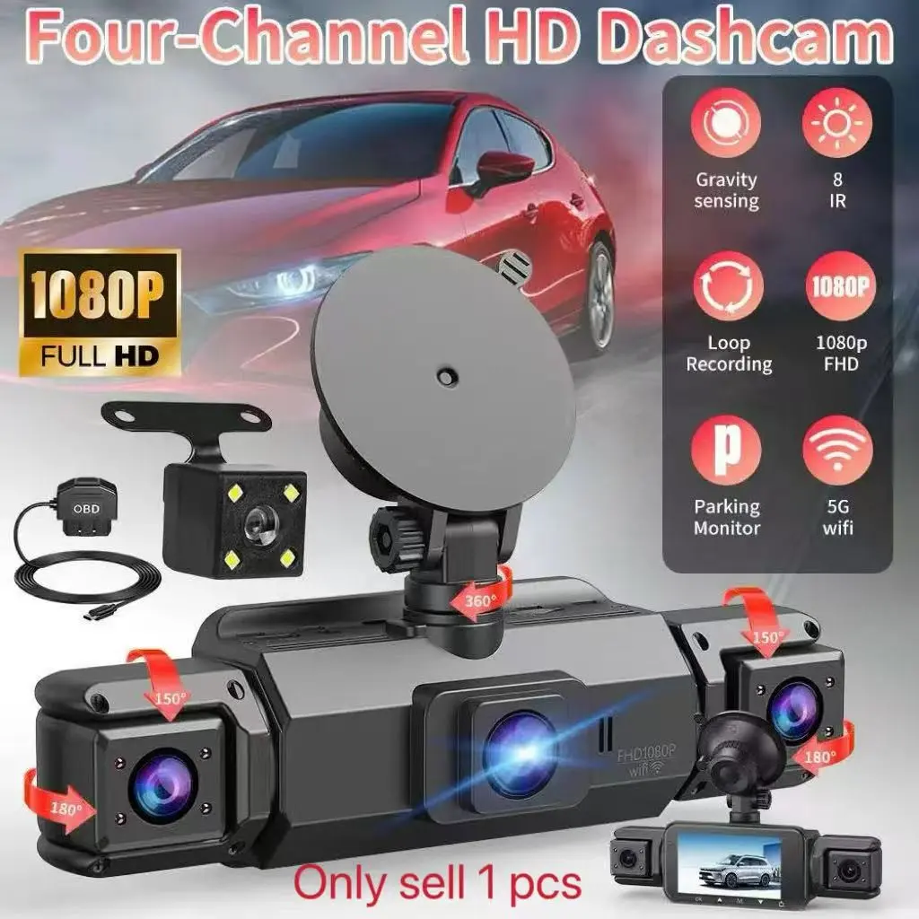 Four-Channel Dash Cam, Car Dashboard Camera, HD Automotive Dashcam, Dashcam For Cars, Full View Parking Monitor, 4-Inch Display, Wi-Fi, Wifi Dashcam, 64GB SD, Night Vision with Hdr