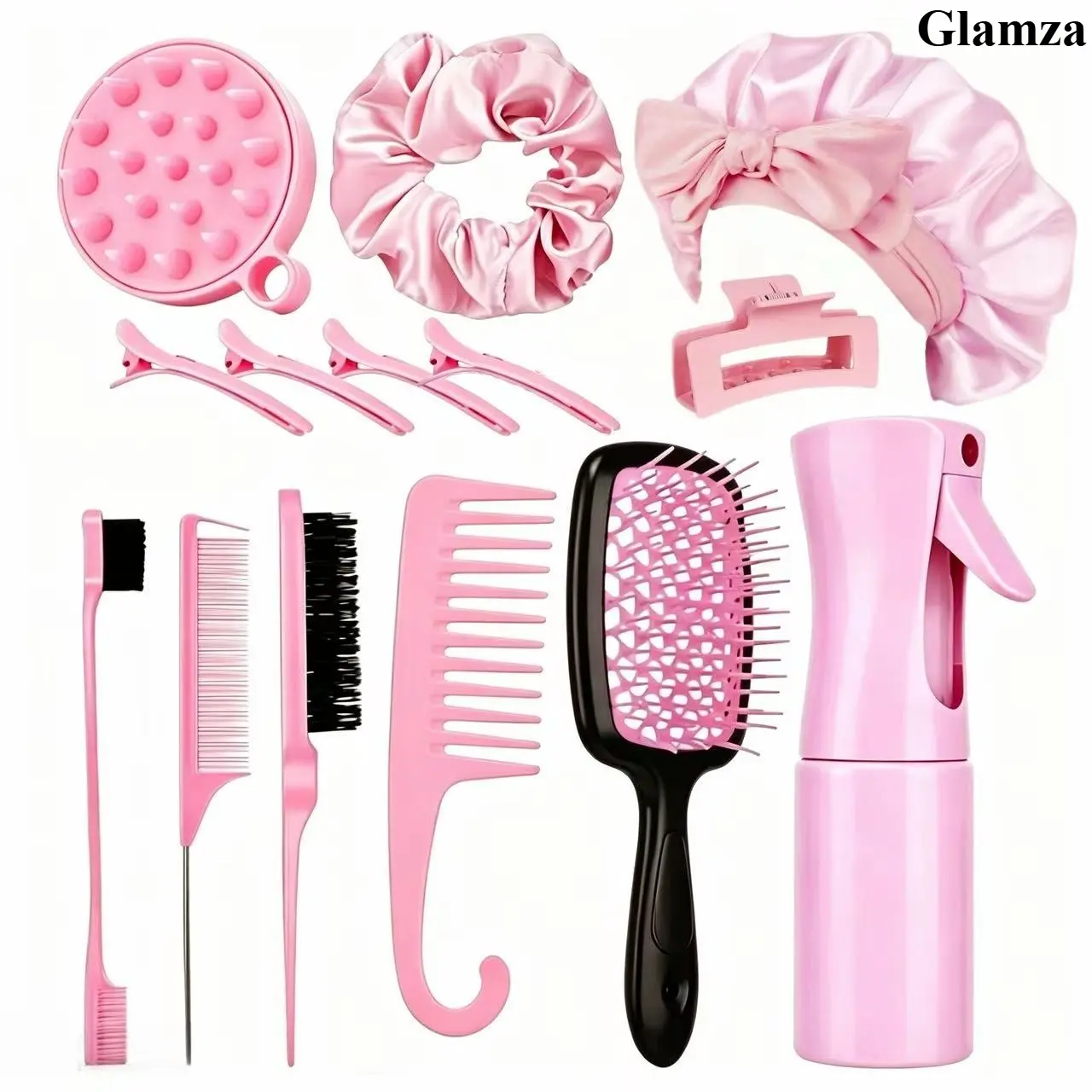 Glamza 14PCS Curly Hair Brush Kit with Anti Tangle Brushes, Detangler, Satin Bonnet, Nylon Bristle Tool, Edge Tool for Styling, Detangling & Sleeping Haircare