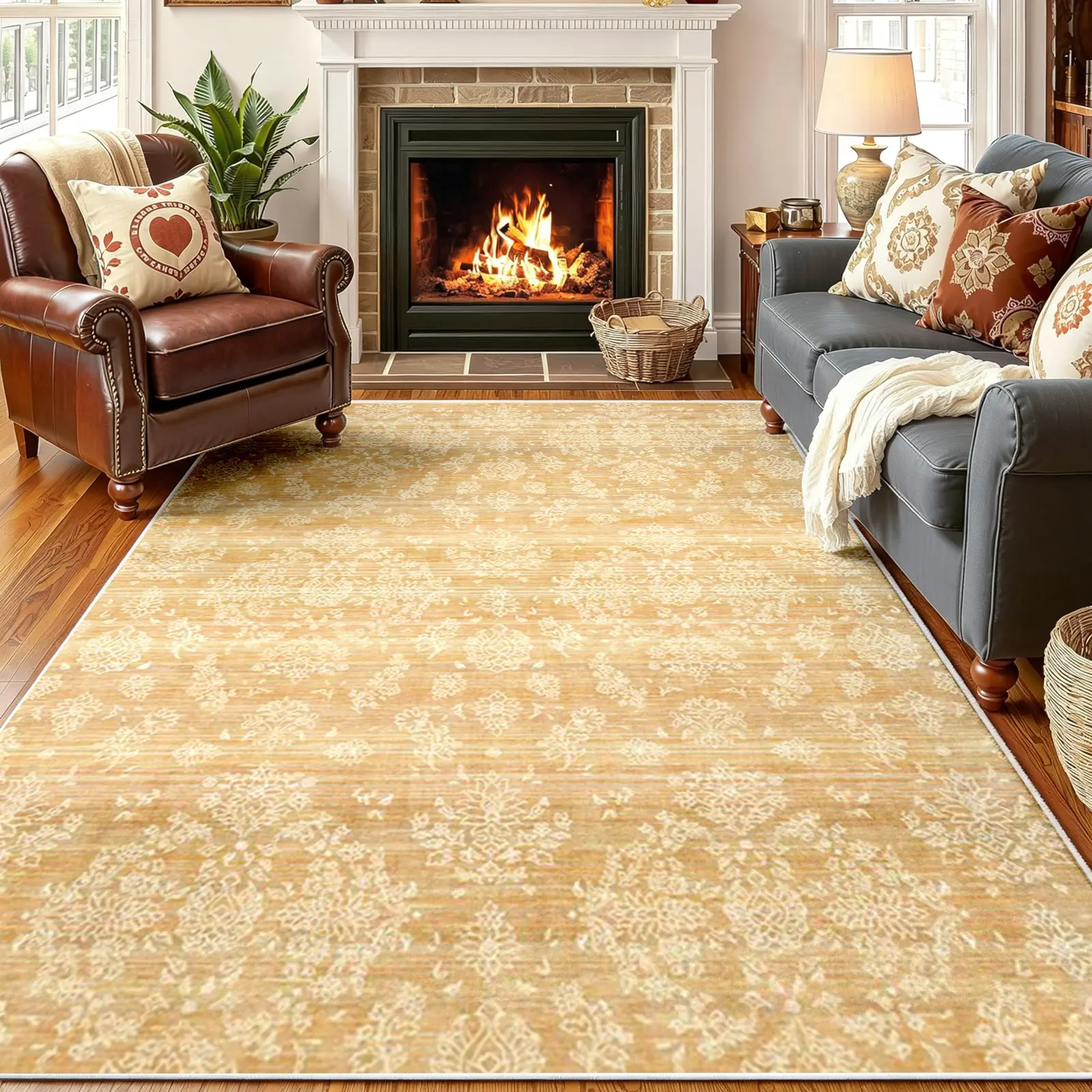 Vintage Mustard Yellow & Cream Floral Medallion Area Rug - Contemporary Single Rug, Ultra Soft Faux Cashmere, Non-Slip Backing, Stain-Resistant, Machine-Washable, Indoor Use for Home Rooms, Multi-Size Carpet