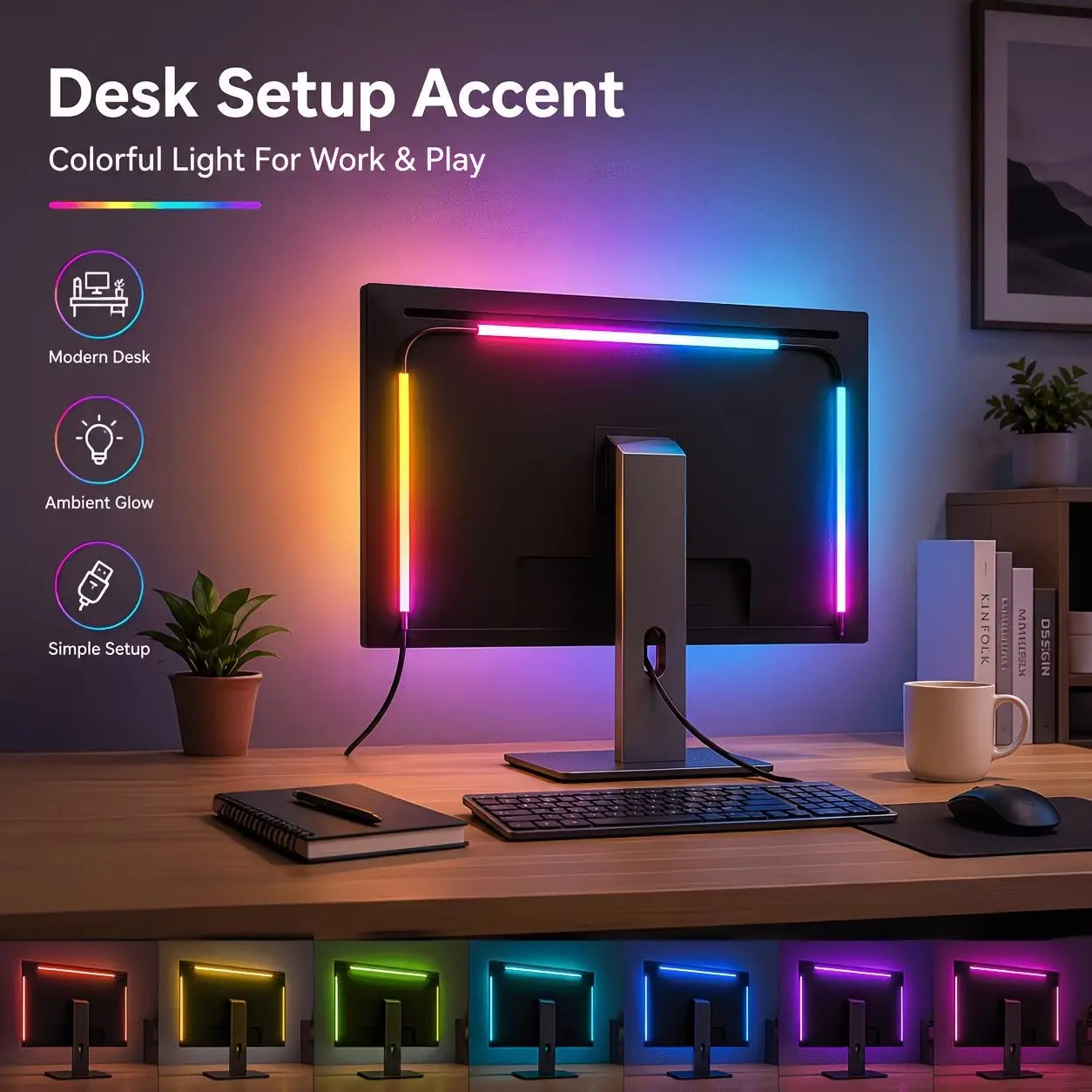 USB Powered RGB LED Strip Light, RGB LED Lighting, Adjustable Brightness, Multi-Color Modes, Wall Mounted, Ideal for PC TV Decor, Gaming Room, Bedroom, RGB Light Strips
