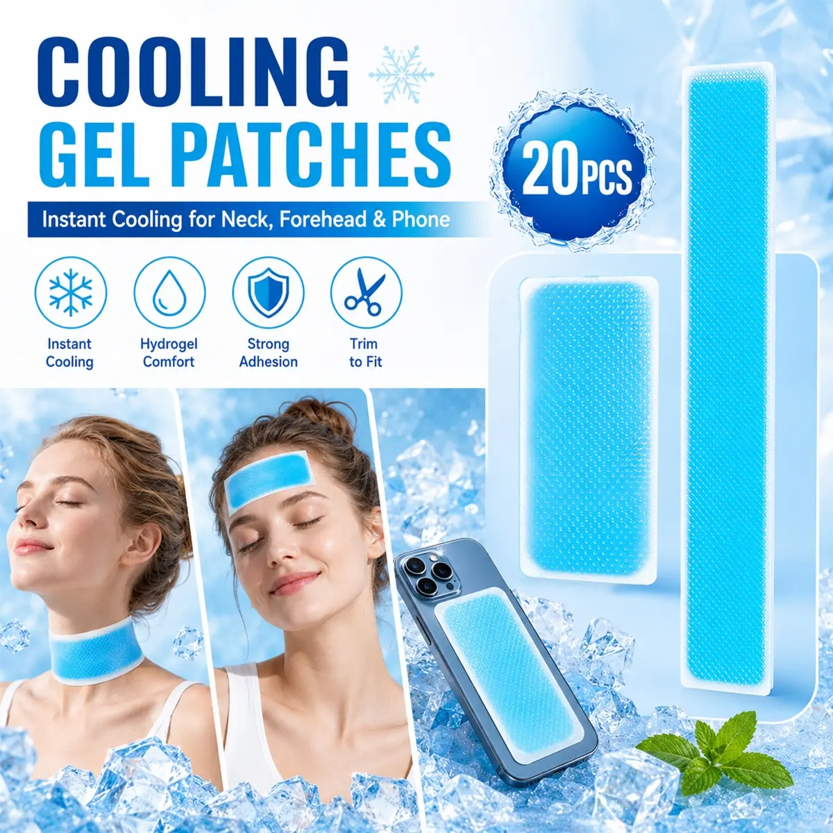 20Pcs Instant Cooling Patches, Ice Packs, Hydrogel Style, 12/45cm Length Disposable Gel Ice Pads for Forehead Neck Body and Phone Cooling, Soft Skin-Friendly Portable Cool Pack for Outdoor Activities, Travel and Hot Weather Comfort