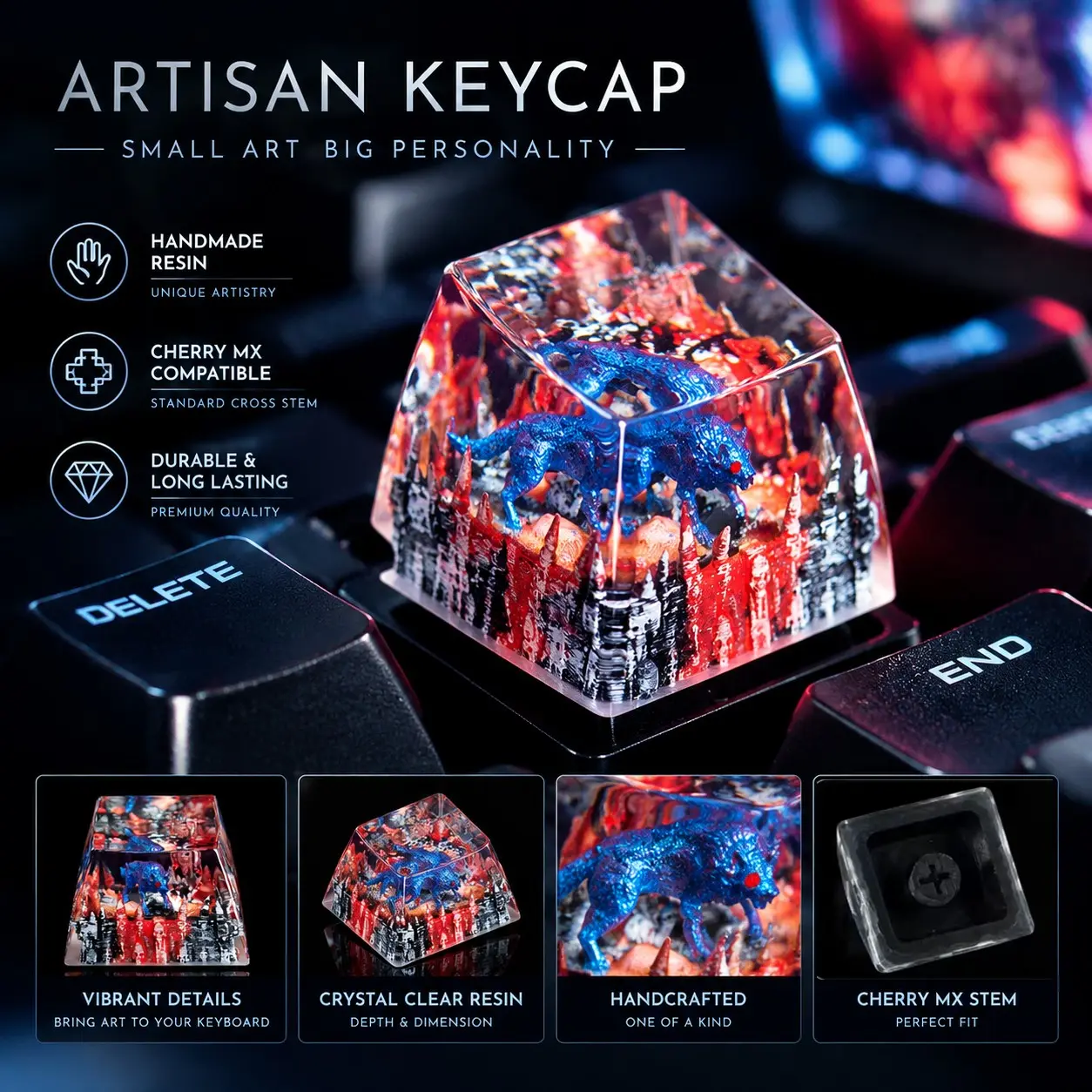 Handmade Resin Artisan Keycaps, Handcrafted Magic Blue Head Wolf Custom Keycaps, Compatible with Cherry Mx Switches, Unique Mechanical Keyboard Decor Gift