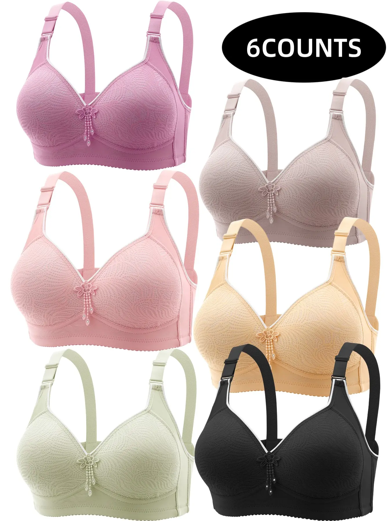 6-Pack Women's Lace Wireless Push-Up Bras, Seamless Comfort Fit, Daily Wear Underwire-Free Bra, Breathable Soft Fabric, Full Day Support