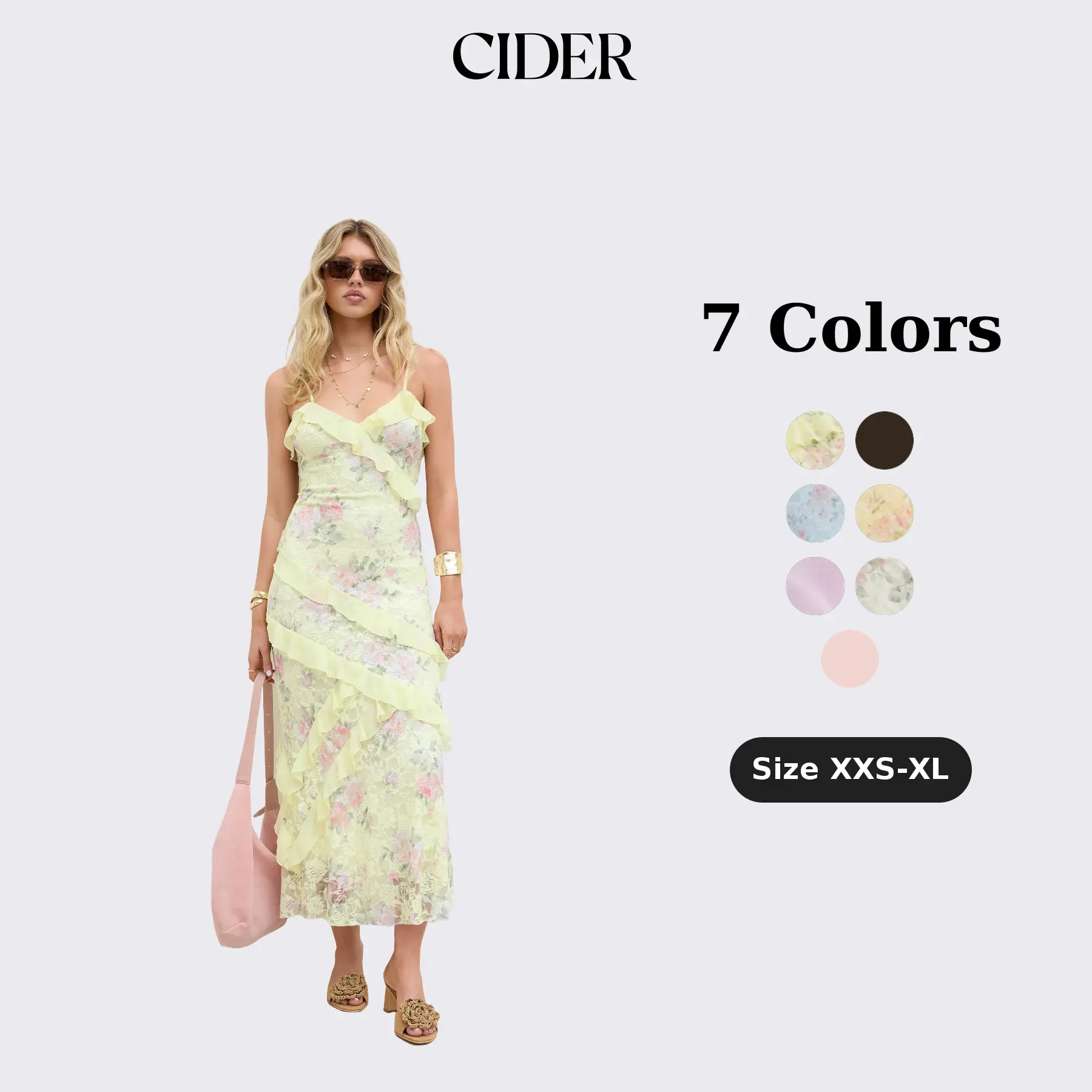 Cider Maxi Dress – Lace V-Neck Floral Ruffle Polyamide Stretch Romantic Women’s Summer Vacation Beach Party Gown, Floral Embroidery Slim Fit Long Dress for Spring SohoChic