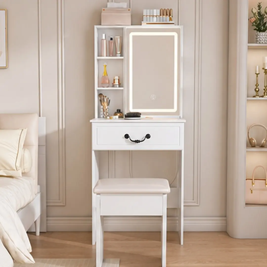 ARCH Modern White LED Vanity Table with Mirror - MDF American Aesthetic Ergonomic Lighted Vanity Bedroom Furniture, Compact Small Storage Desk, Adjustable Brightness, Hidden Drawer, Padded Stool, 14.17"W x 23.62"D x 53.94"H, Small Desk Bedroom Furniture