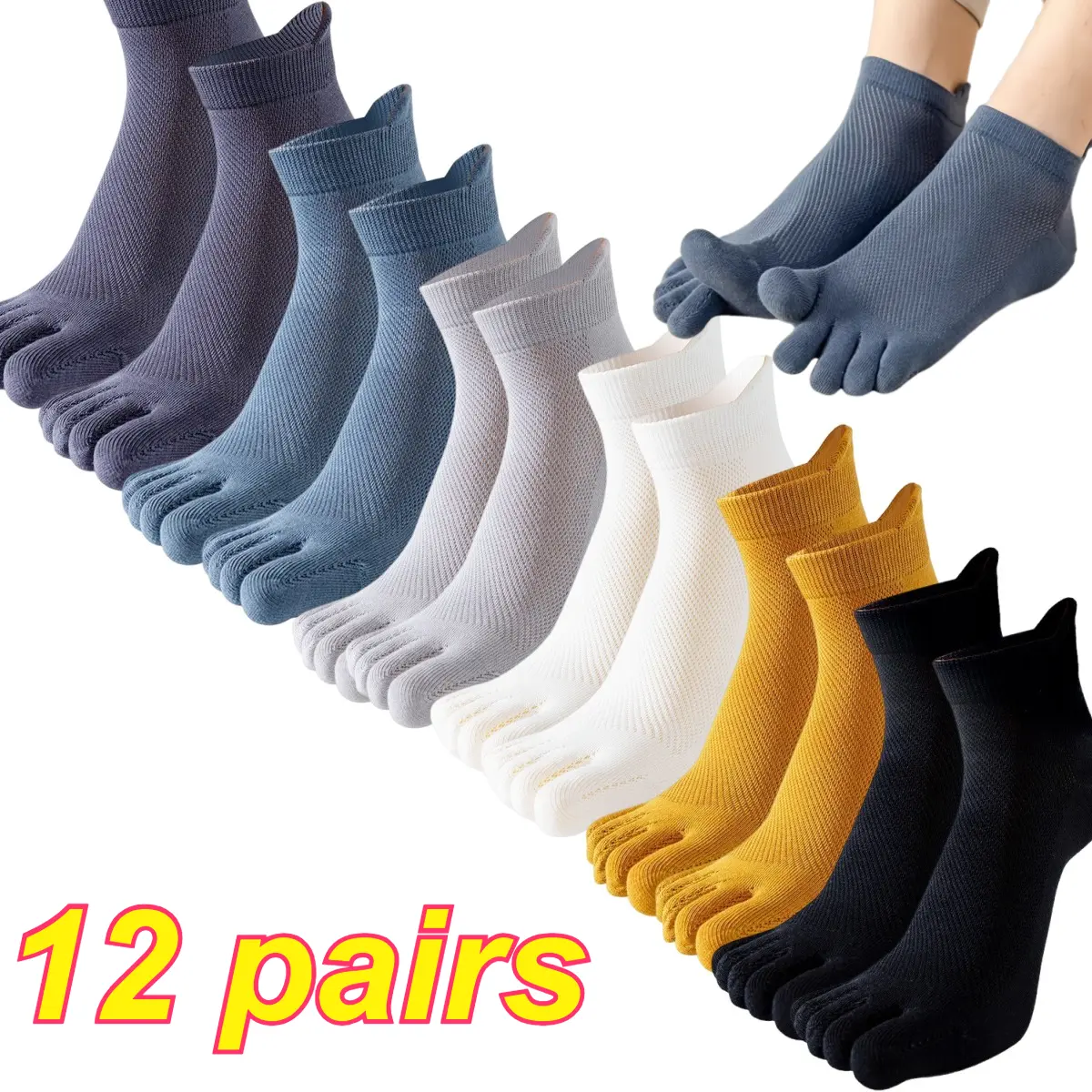 Men's Spring-Summer Ankle Socks, 12-Pair Random Assortment, Mesh, Breathable, Sweat-Wicking, Toe-Separated Design