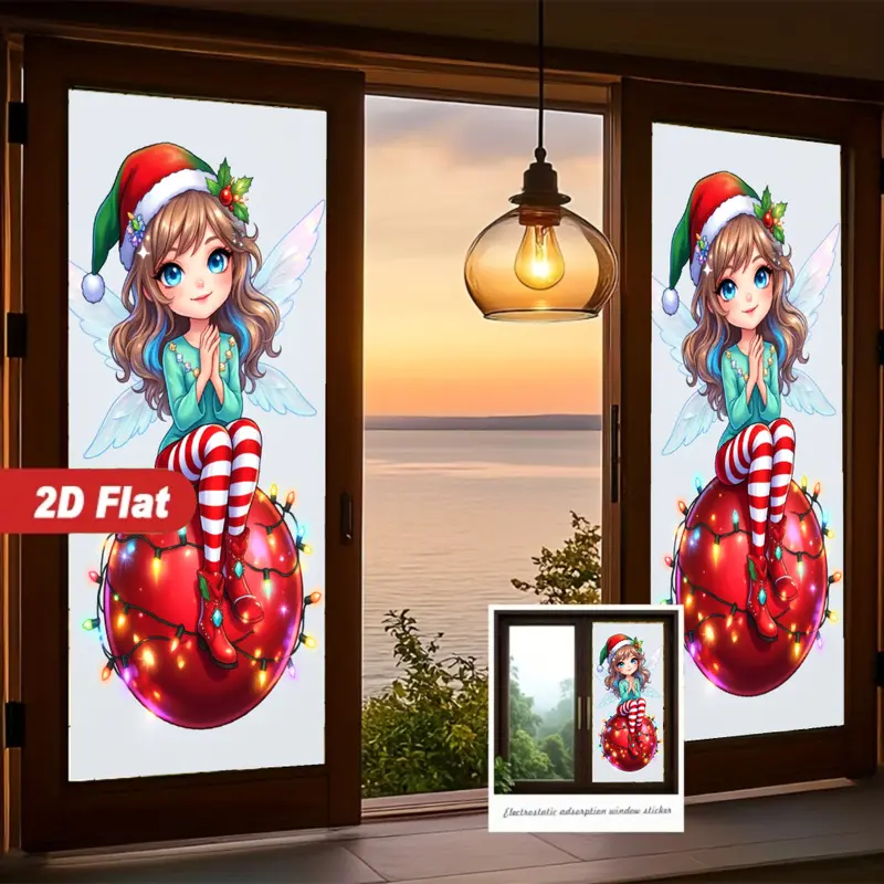 2D Flat Static Cling Christmas Fairy With Santa Hat And Wings Sitting On Red Ornament With Lights Round Shape Ornament For Window And Door Decorations Removable