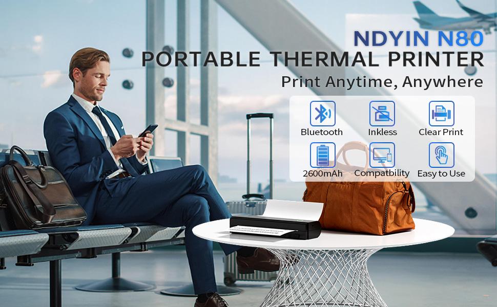 Portable Printers Wireless for Travel, N80 Wireless Thermal Printer Bluetooth Inkless Printer Support 8.5" X 11" US Letter & A4, Compatible with iOS, Android, Laptop
