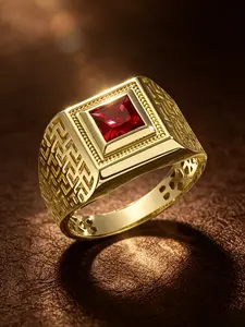18K Gold Tone Plated Stainless Steel Men Square Signet Ring, Square Red Ruby Cubic Zirconia Inlay, Hollow Interlocking Geometric Carved Wide Band, Breathable Cutout Inner Lining, Hypoallergenic Tarnish Resistant Vintage Luxury Statement Jewelry Gift