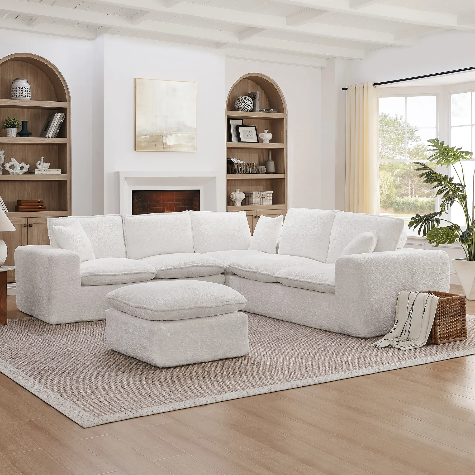 ARCH 107'' Modern Boucle L-Shaped Sectional Sofa with Moveable Ottoman for Living Room, Comfy Cloud Couch with Pillows, DIY Combination, Beige, Living Room Furniture for Apartment, Lounge, Family Room, Office and Home Seating, Sofa Couch Seating