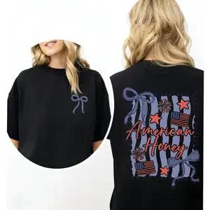 4th Of July Shirts For Women,American Honey Coquette Vintage USA Graphic Tee,Merica Patriotic Unisex T Shirt,Land Of The Free Independence Day Top,Girly Memorial Day Outfit,Casual Summer Patriotic Short Sleeve Tee For Fourth Of July BBQ Outfit