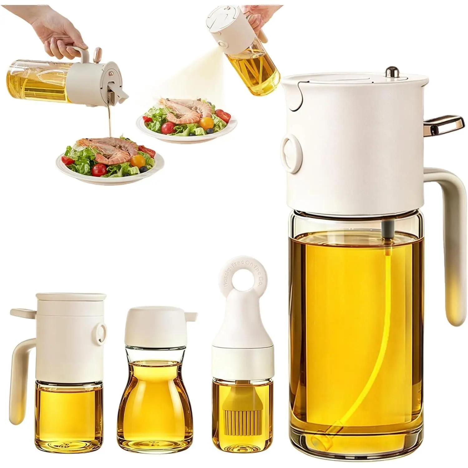 4PCS Oil dispenser Set, 580ML Borosilicate Glass 3-in-1 oil bottle with 3-Piece Mini Kit for Kitchen, Air Fryer, Camping & Baking