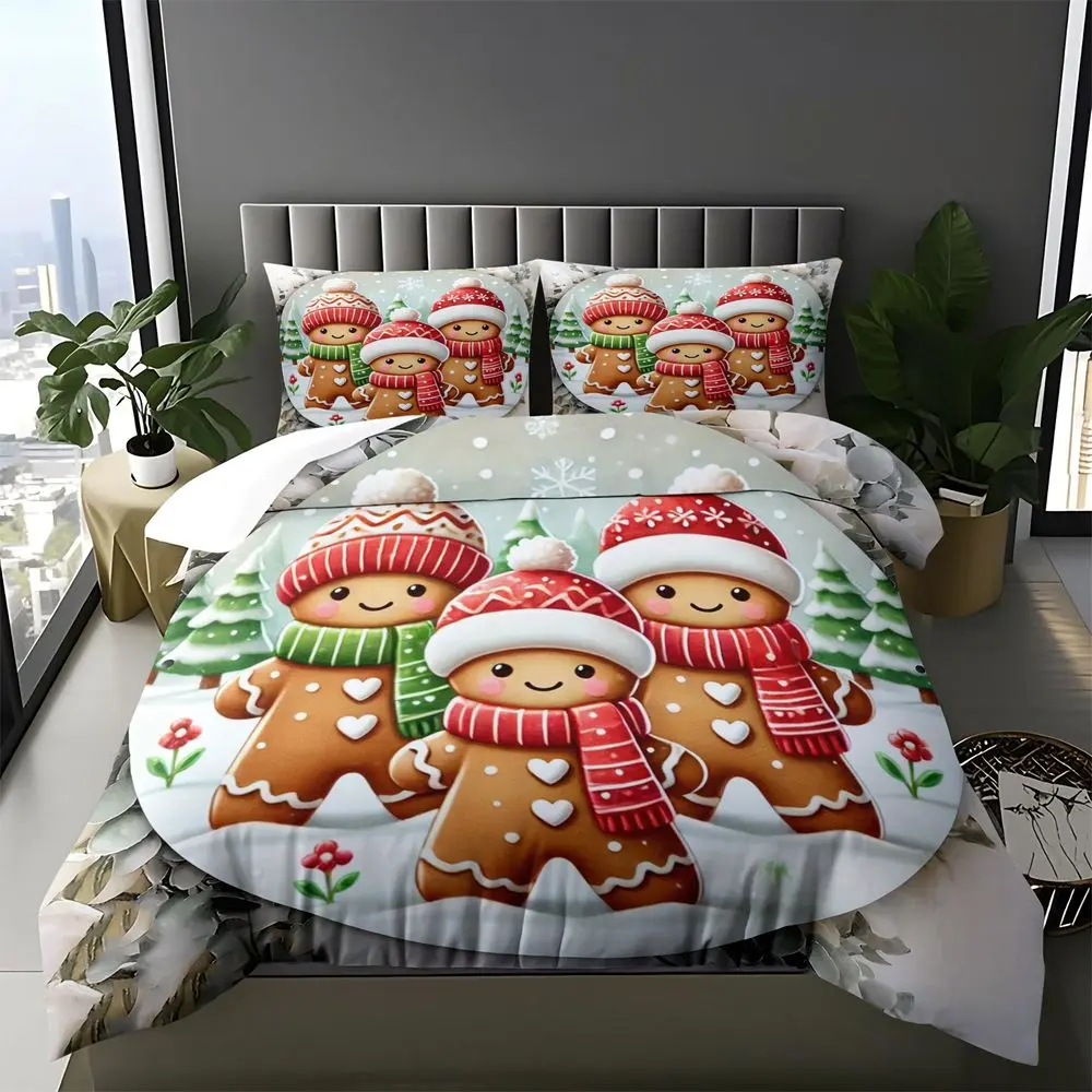 2/3Pcs Cute Gingerbread Man Christmas Duvet Cover Set, Holiday Bedding Set for Kids Room, Soft Microfiber Duvet Cover with Pillowcase, Festive Winter Bedroom Decor No Fillers