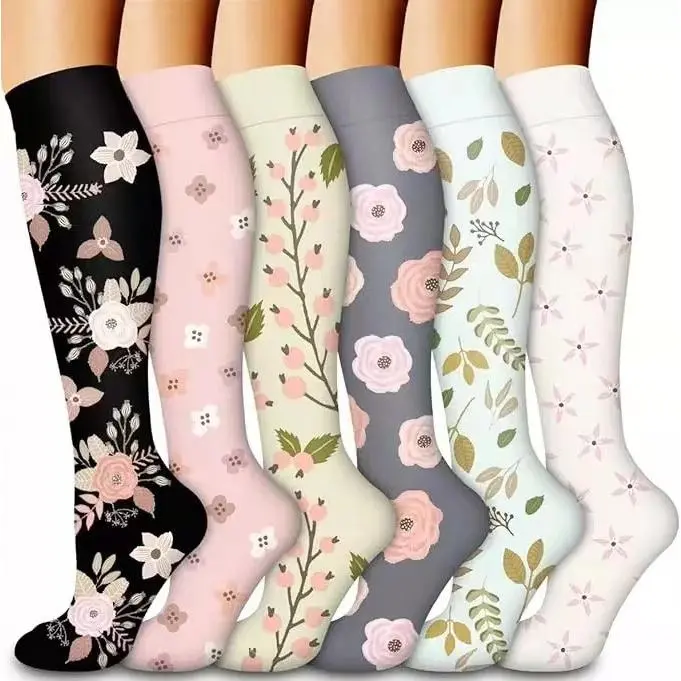 6 Pairs Floral Graduated Compression Socks - Knee High Everyday Support Socks