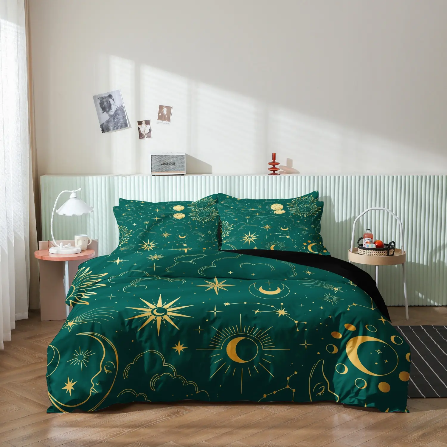 3 Pieces Emerald Green Golden Celestial Star Moon Print Duvet Cover Set, Bed Covers, Dark Green Constellation Zodiac Printed Bedding, Bedding For Home Decoration, Multiple Sizes Available (1 Duvet Cover + 2 Pillowcases, No Comforter No Pillow)